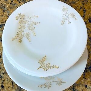 Set of 4 Vintage Federal Glass Milk Glass Golden Glory Bamboo 9" Plates.